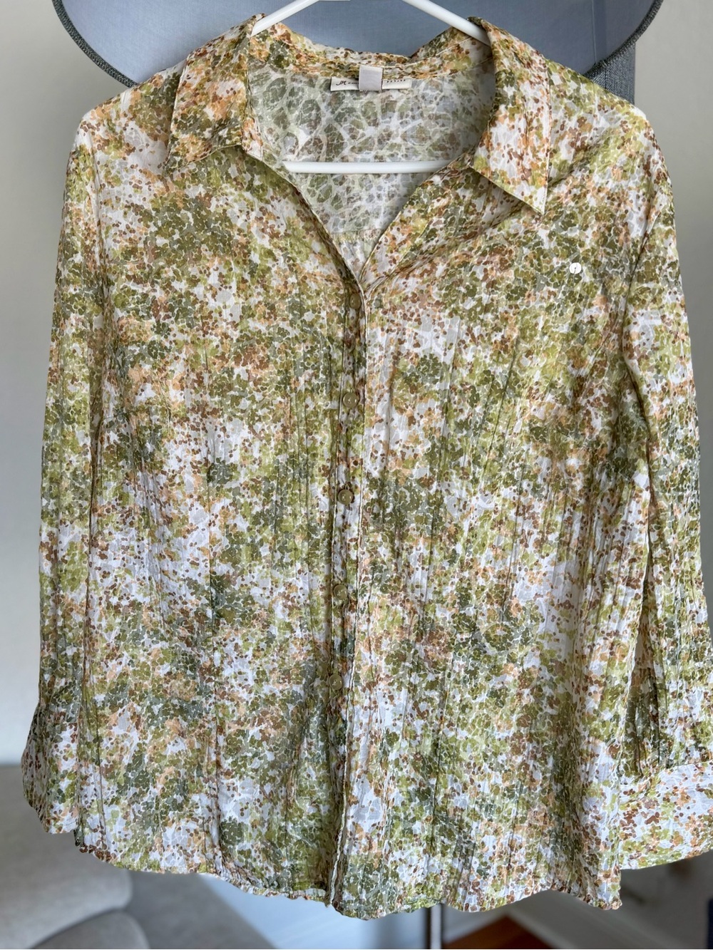 JM Collection Olive & Cream Button-Front Printed Blouse
